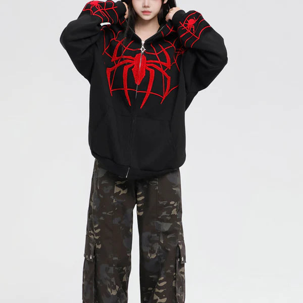 MELTEDSMILE FULL ZIP EMBROIDERY UNISEX SPIDER HOODIE